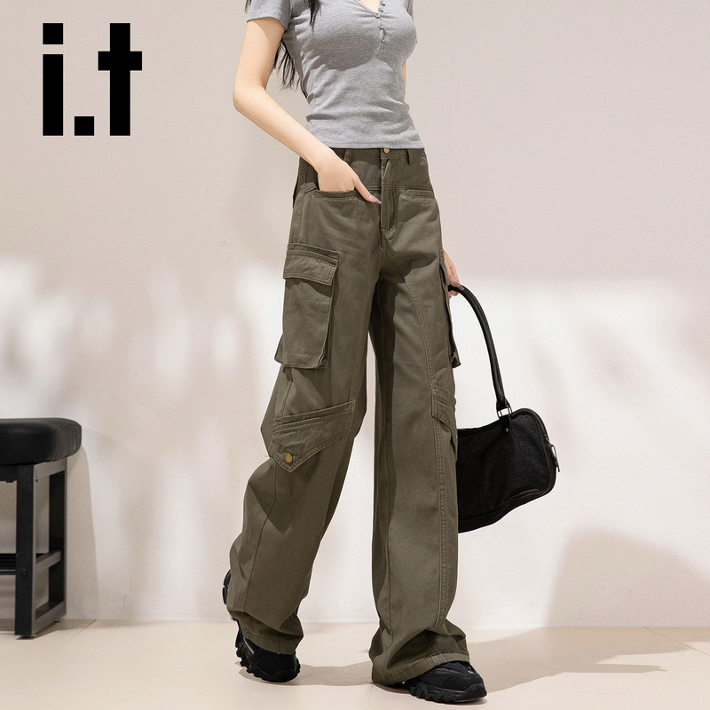 Chocoolate Women's Cargo Pants American Style Wide-Leg Loose Slimming Straight Outdoor Casual Pants Army Green
