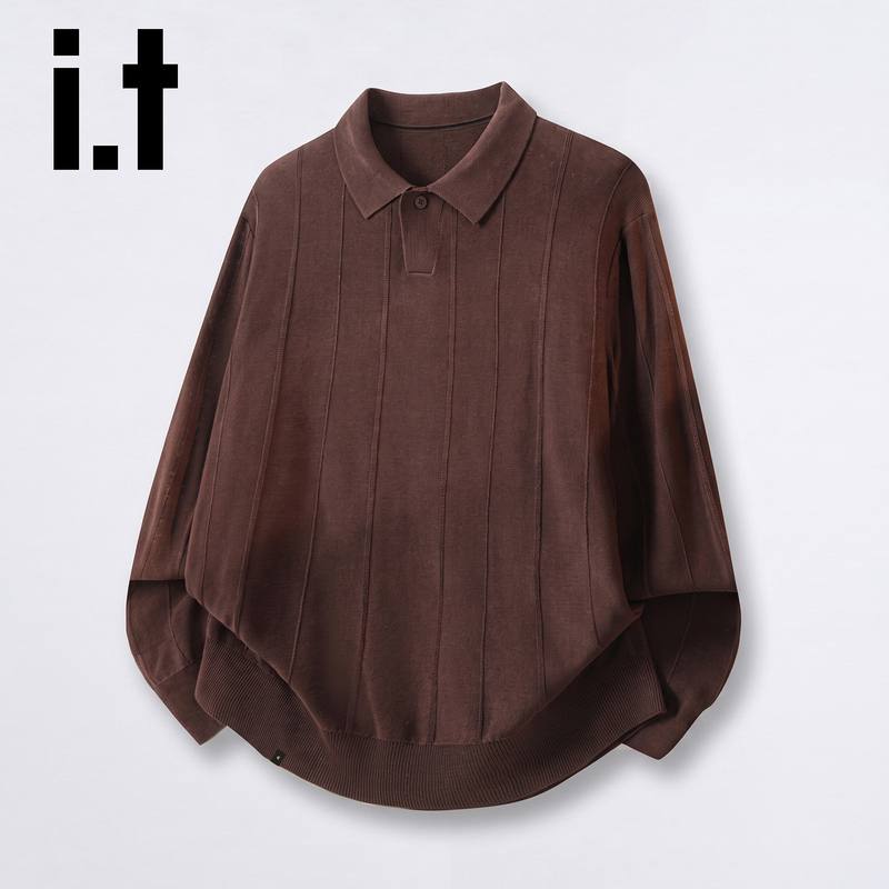 I.T:Chocoolat Casual Style Lapel Long-Sleeved Knitwear Men's Textured Pullover Versatile Brown Sweater Autumn