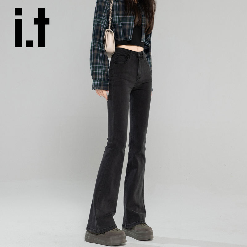 It:Chocoolate Black Flared Jeans for Women, Slim Fit Gray Bell-Bottom Pants, New Fleece-Lined Autumn and Winter Pants