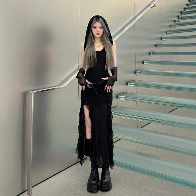 Wasteland Style Hooded Sleeveless Slit Mesh Dress for Women, Summer Irregular High-End Slim Fit Long Dress