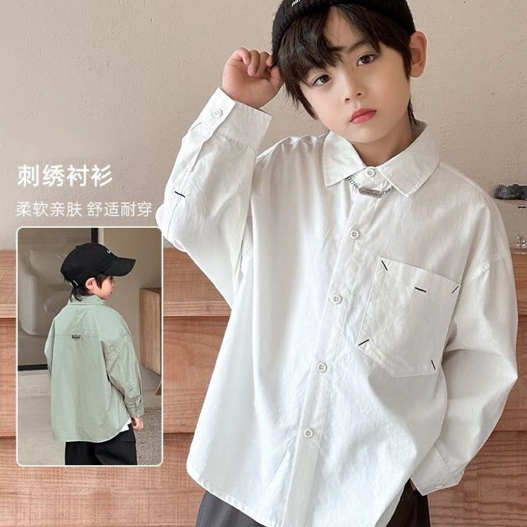 Children's Clothing Boys' Long-Sleeved Shirts Spring and Autumn 2024 New Style Kidsren's White Shirts Thin Style Fashionable and Handsome Autum Trend