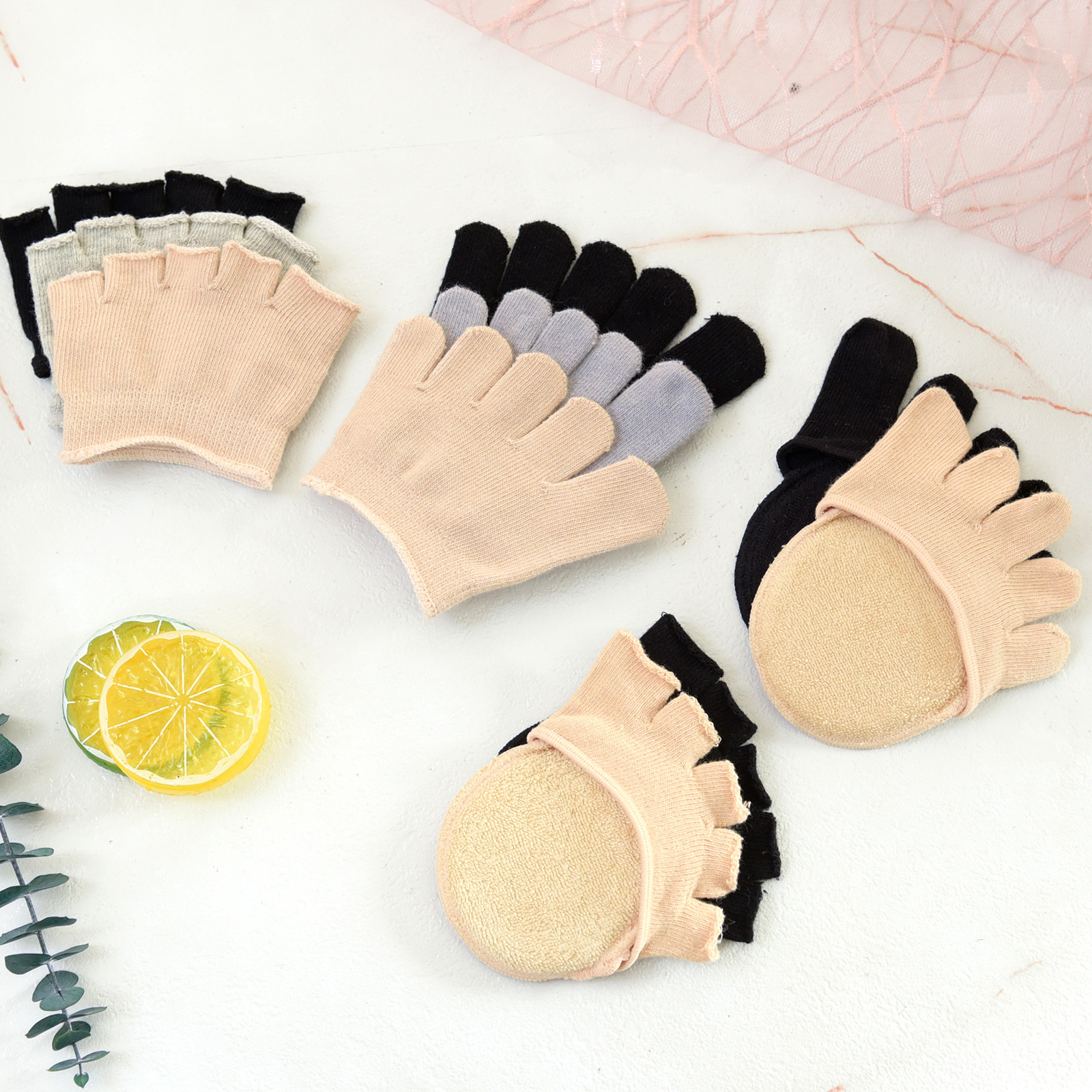 女性用ハーフパーム5本指ソックス、純綿製、つま先滑り止め、足をしっかり掴む、見えないハイヒールソックス、夏用前足薄手ボートソックス