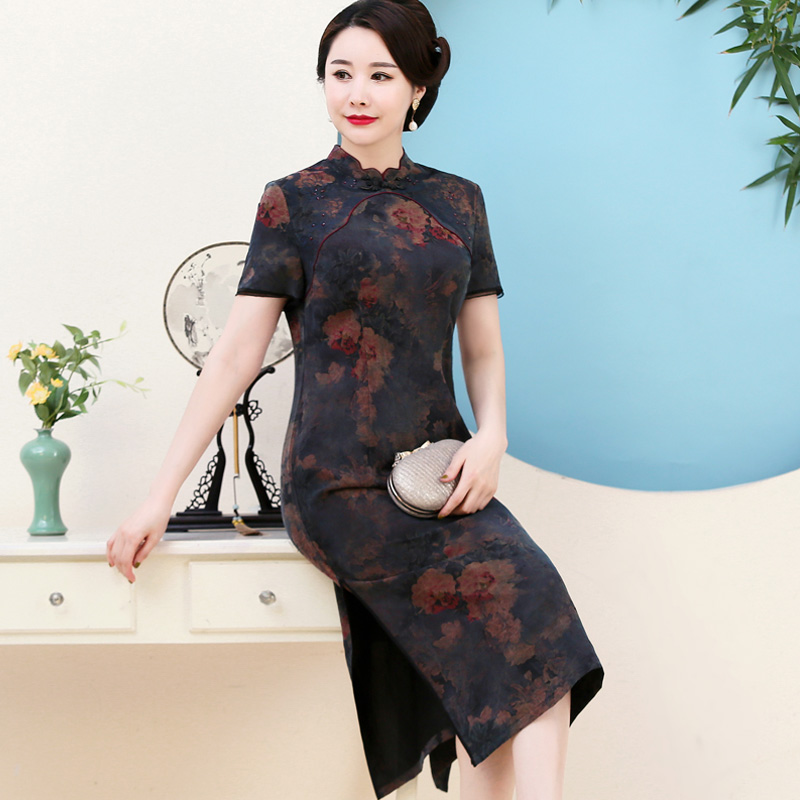 Silk long dress, cheongsam for mother, tulle, mid length, plus size, fitted, 2020