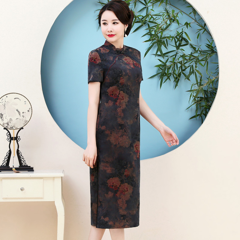 Silk long dress, cheongsam for mother, tulle, mid length, plus size, fitted, 2020 Silk long dress, cheongsam for mother, tulle, mid length, plus size, fitted, 2020