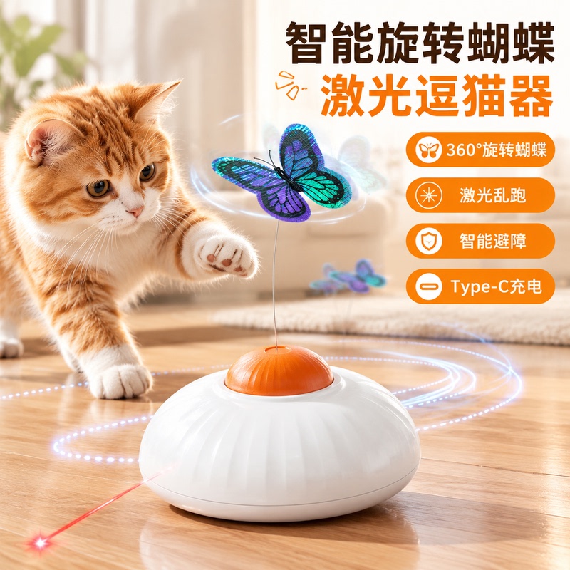 Smart Electric Laser Cat Teaser Stick with Butterfly Rotation, Automatic Obstacle Avoidance, Self-Entertainment, Boredom-Relief Cat Toy, Type-C Charging