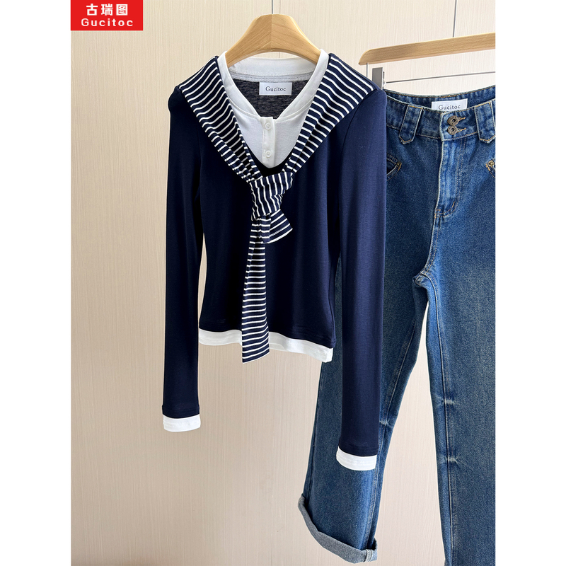 Gucitoc Naval Academy! Contrast Color Fake Two-Piece Striped Tie-Up Long-Sleeve Knit Top for Women, New Spring/Summer Style
