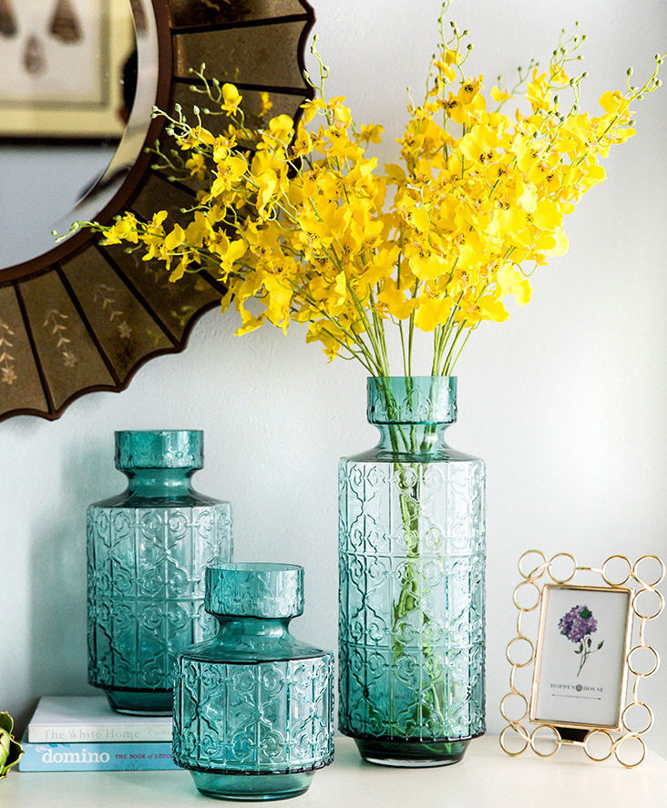 American-style European-style peacock blue embossed pattern glass vase ornaments set living room flower arrangement table porch TV cabinet