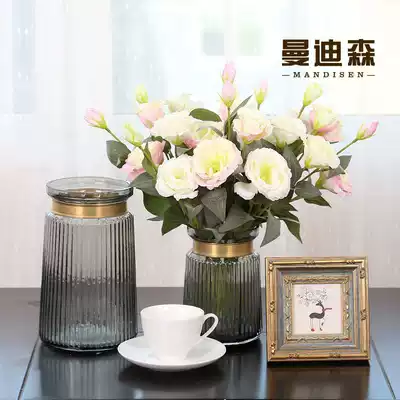 Nordic American straight creative copper ring transparent glass vase ornaments living room table flower arrangement artificial flower simulation flower art