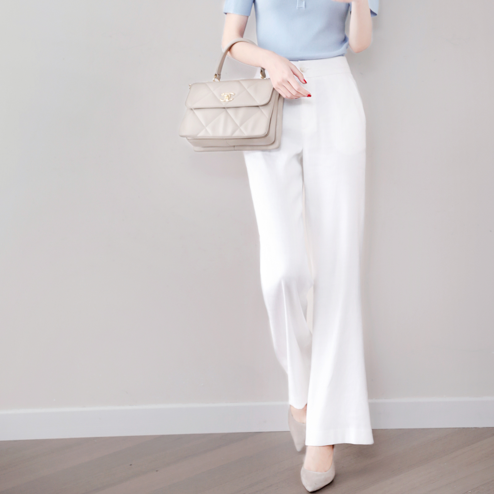 As if to open a long leg effect gas field full loose display slim pure color High waist linen straight drum casual pants-Taobao