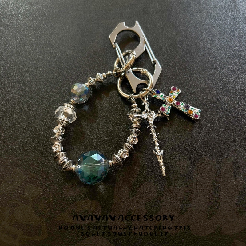 Avavava Niche Design Cross Crystal Beaded Keychain Pendant Unisex Bag Accessory