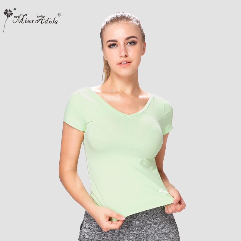 MISS ADOLA 2019 Spring and summer T-shirt yoga suit WOMEN's casual simple top Short-sleeved V-neck sports vest