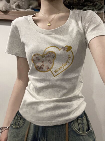 纯棉短袖t恤女2025新款夏季小众设计感复古港味chic正肩女装上衣