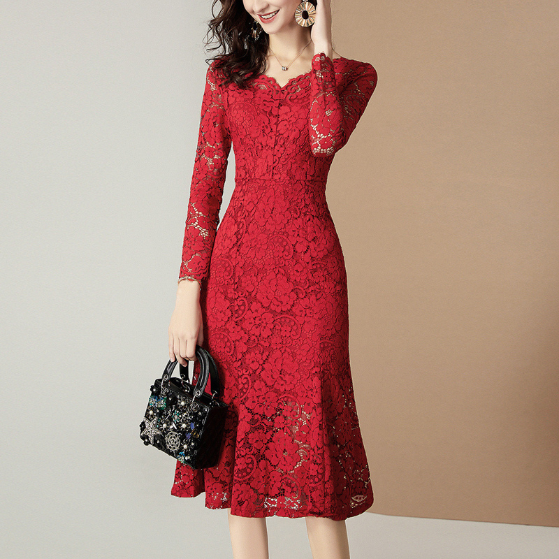 Red Lace Dress for Women 2023 Autumn and Winter New Style Elegant Dress with Velvet Lining, Thickened, Slimming, Bodycon Fishtail Dress