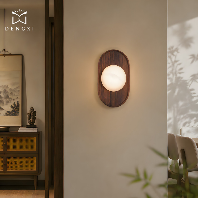 "Jade Reflection" Vintage Style Stone Wall Lamp Walnut Wood Retro Living Room Bedroom Wall Light Minimalist Staircase Corridor Light