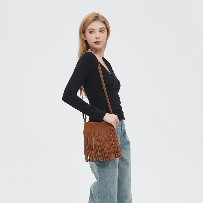 Niche Retro First-Layer Cowhide Frosted Gypsy Tassel Bag Brown Fashion New Black Single Shoulder Crossbody Bag for Women