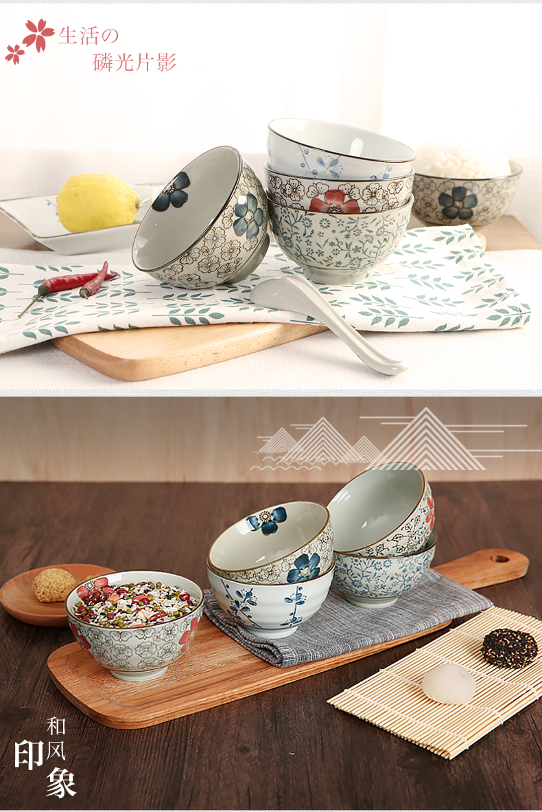 Gỗ tre, bát cơm, bát sứ kiểu Nhật và gió, bát cao hộ gia đình đơn 4,25 inch, sơn lót tay bộ bát đĩa hàn quốc