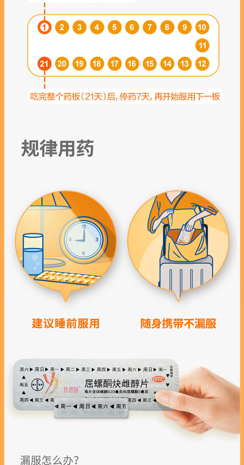 拜耳旗下：21片x3盒 优思明 屈螺酮炔雌醇片 短效口服避孕药 265元包邮，折合88.3元/盒 值值值-买手聚集的地方