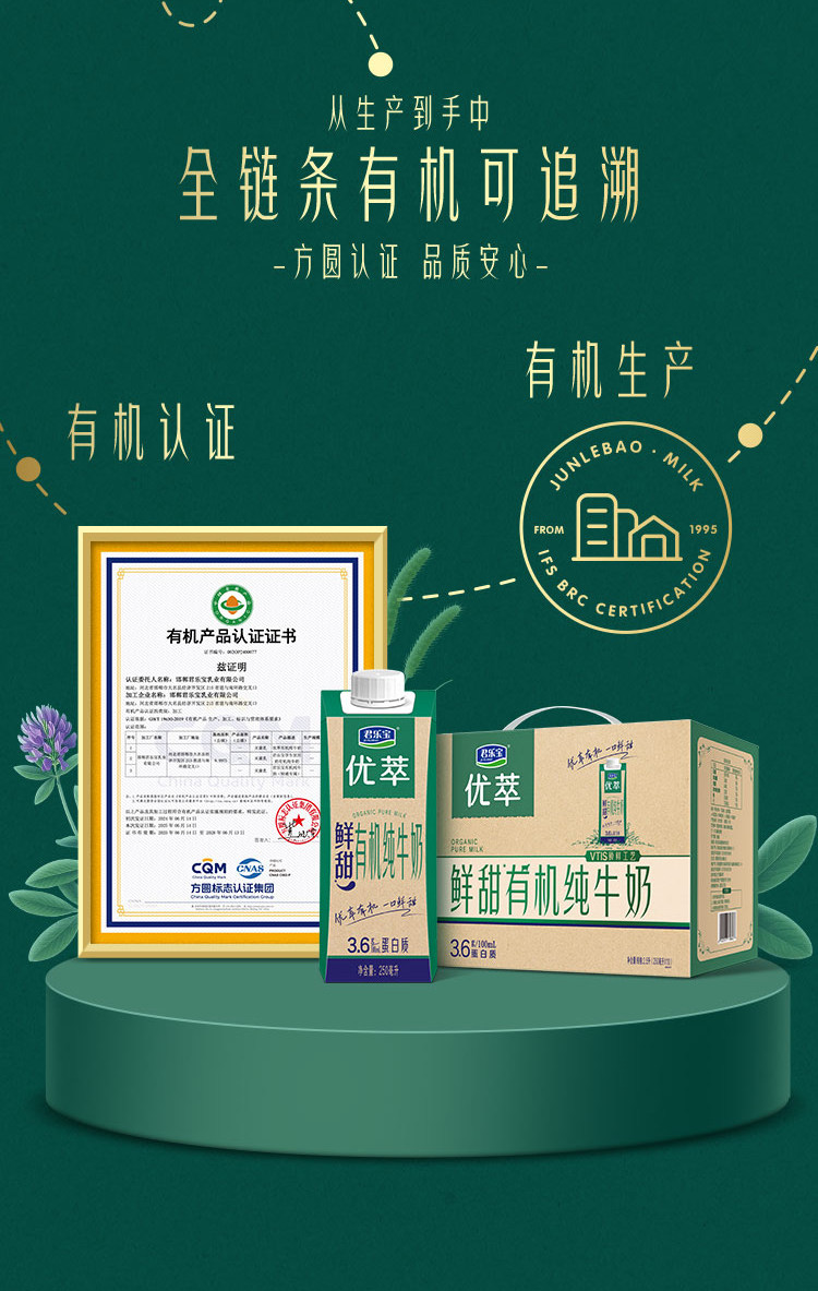 安享好物 安享A级纯奶-君乐宝优萃 鲜甜 有机纯牛奶 国标