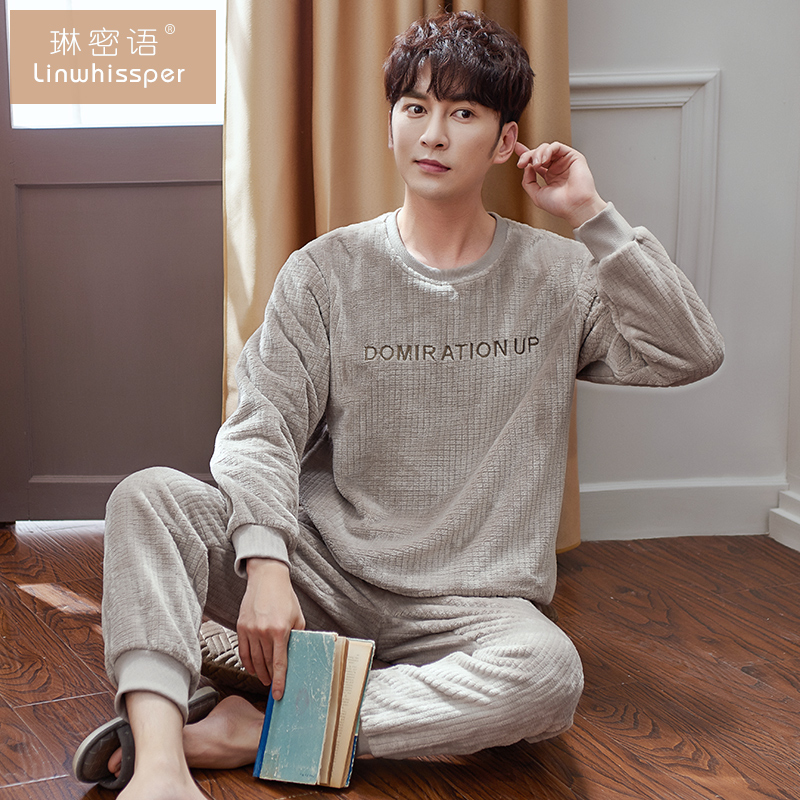 Round neck pajamas men's autumn and winter thickened flannel long-sleeved suit plus size plus velvet warm coral fleece homewear