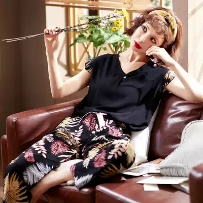 Fashion cotton silk pajamas women's spring and autumn summer short sleeve thin trousers set artificial cotton cotton cotton cotton silk home clothing two-piece set