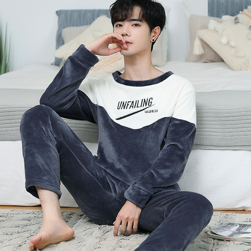 Teenagers wear thickened flannel coral fleece pajamas for men's autumn and winter student home wear pullover suit