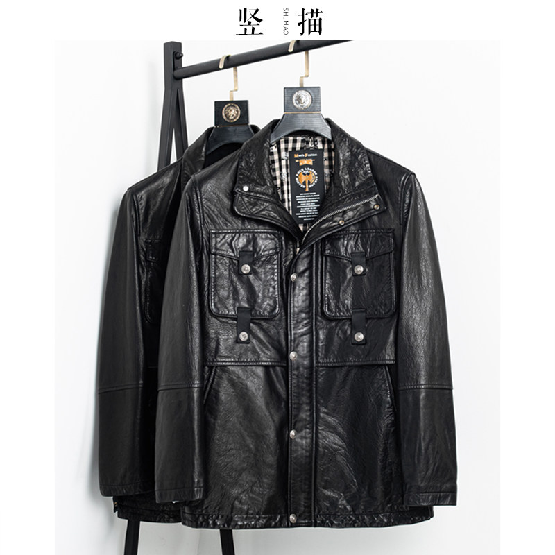 Dark Black Leather Windsuit 2020 Autumn Winter Leather Coat Men Genuine Leather Jacket Mid long version casual sheep Pippi jacket Korean version