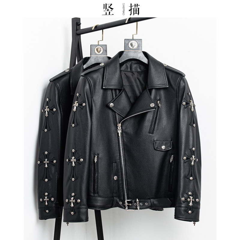 Cross Embroidered Autumn Winter New Fur Coat Men Genuine Leather Head Layer Bull Leather Handsome gas locomotive clothes leather jacket Repairing Tide