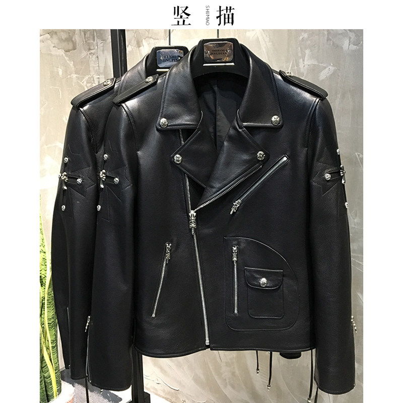 Autumn Winter New Soft Leather Clothing Male Dermis SLP Head Layer Calf Leather Locomotive Leather Jacket Deer Leather Print Cross Coat