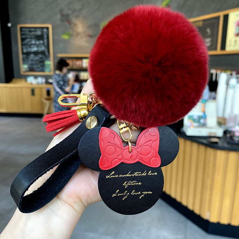 Fashion Butterfly Knots Wool Ball Key Chain Creativity Cute Leather Rope Car Key Buttoned Plush Bag Pendant Woman