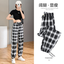 Black and white plaid pants female summer thin section loose straight drum high waist display slim pituitary mesh red broadleg casual Harlan radish pants