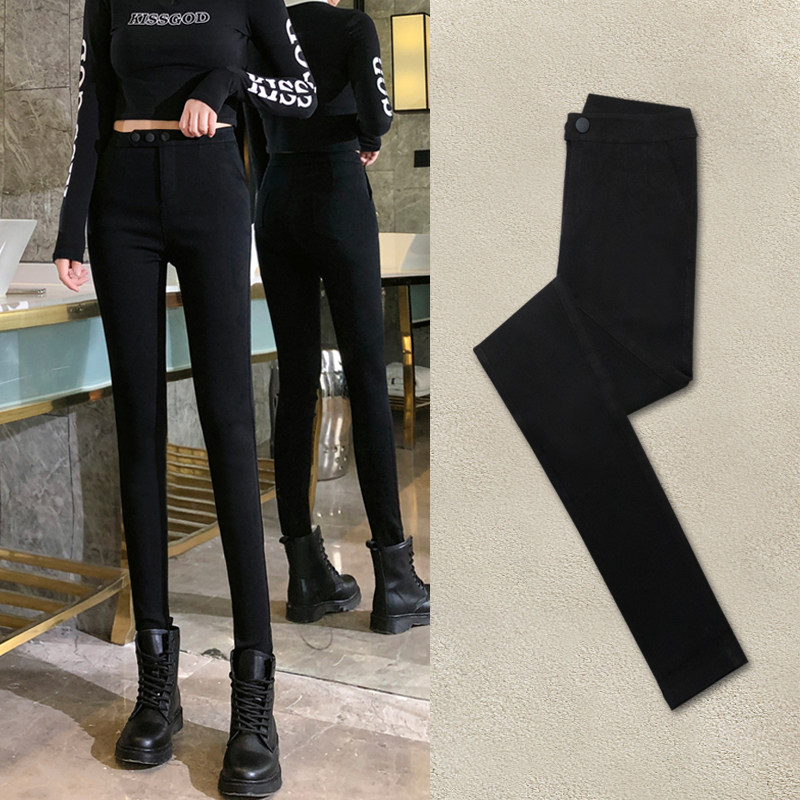 Black pants women wear autumn and winter plus velvet 2021 New High waist slim tight small feet magic pencil pants