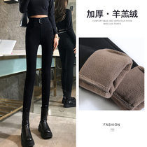 Lamb suede beating bottom pants woman external wearing autumn and winter plus suede thickened black high waist tight body display slim and small feet warm cotton pants