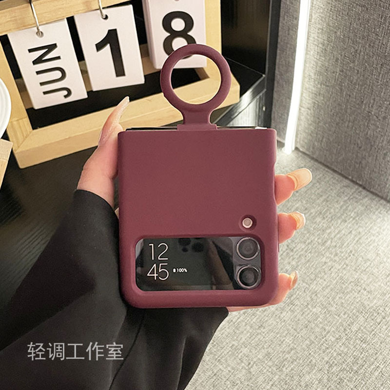 Cherry Color Liquid Silicone Ring Holder Suitable for Samsung Z Flip4 Phone Case, New Galaxy W23 Flip Foldable Screen, High-End Trendy Z Flip3 Korean Flip Cover Anti-Drop Case