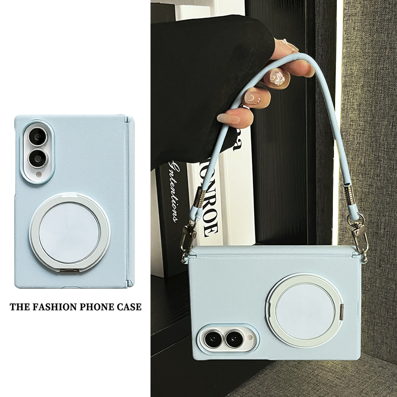 Lightweight, Refreshing, Niche Light Blue Leather Rotating Stand with Hand Strap Suitable for Samsung Z Fold 8/Galaxy Z Fold 8 Phone Case, New Folding Screen Flip Cover, Trendy Anti-Drop Protective Case