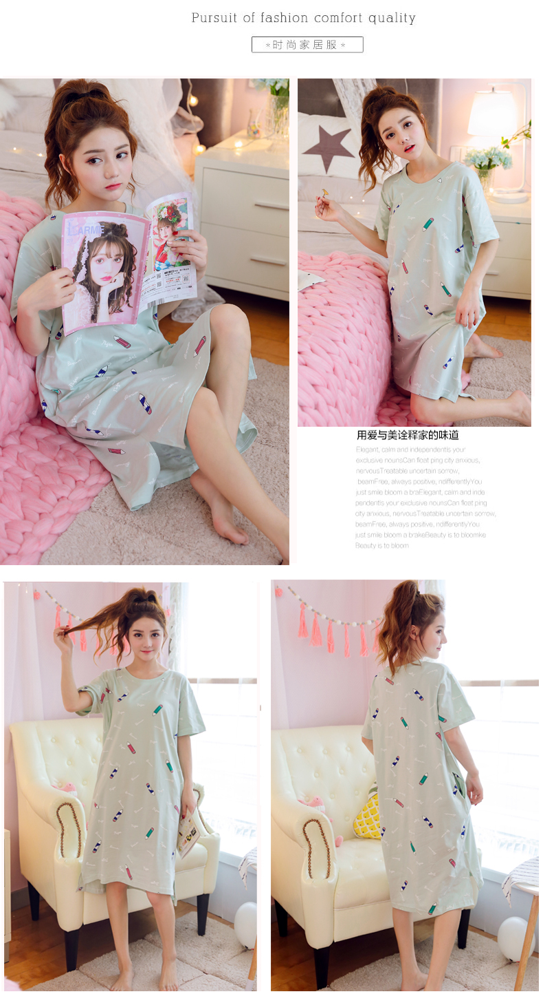 Cotton ngắn tay ngực pad nightdress nữ mùa hè miễn phí áo ngực phần mỏng cotton lỏng đồ ngủ nhà ăn mặc có thể được đeo