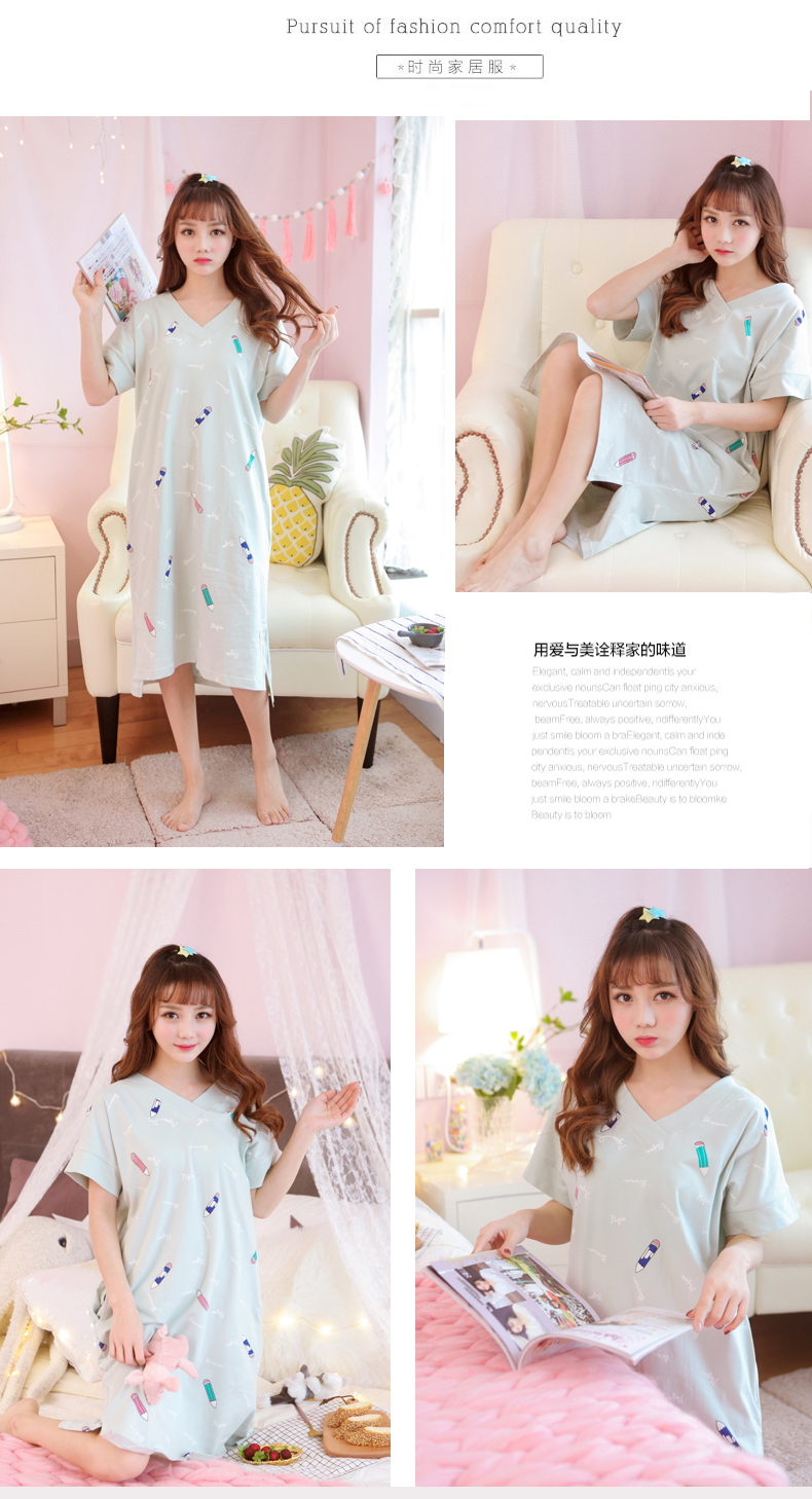 Cotton ngắn tay ngực pad nightdress nữ mùa hè miễn phí áo ngực phần mỏng cotton lỏng đồ ngủ nhà ăn mặc có thể được đeo