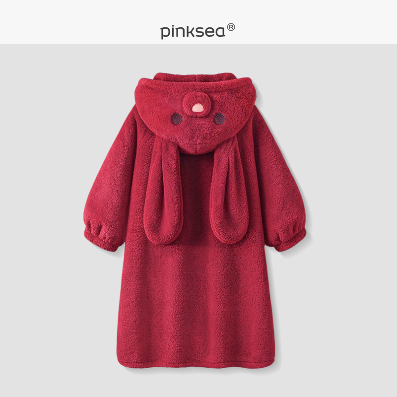 【Good Luck Rabbit】Pinksea Coral Fleece Robe for Women, Red Dressing Gown, Cute Thickened Loungewear for Winter