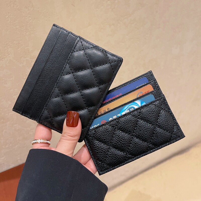 Head Layer Cow Leather Card Bag Woman Small Ultra-thin Rhomboid Caviar Card Clip A Piece Of Card Bag Multi-Position Zero Money Bag