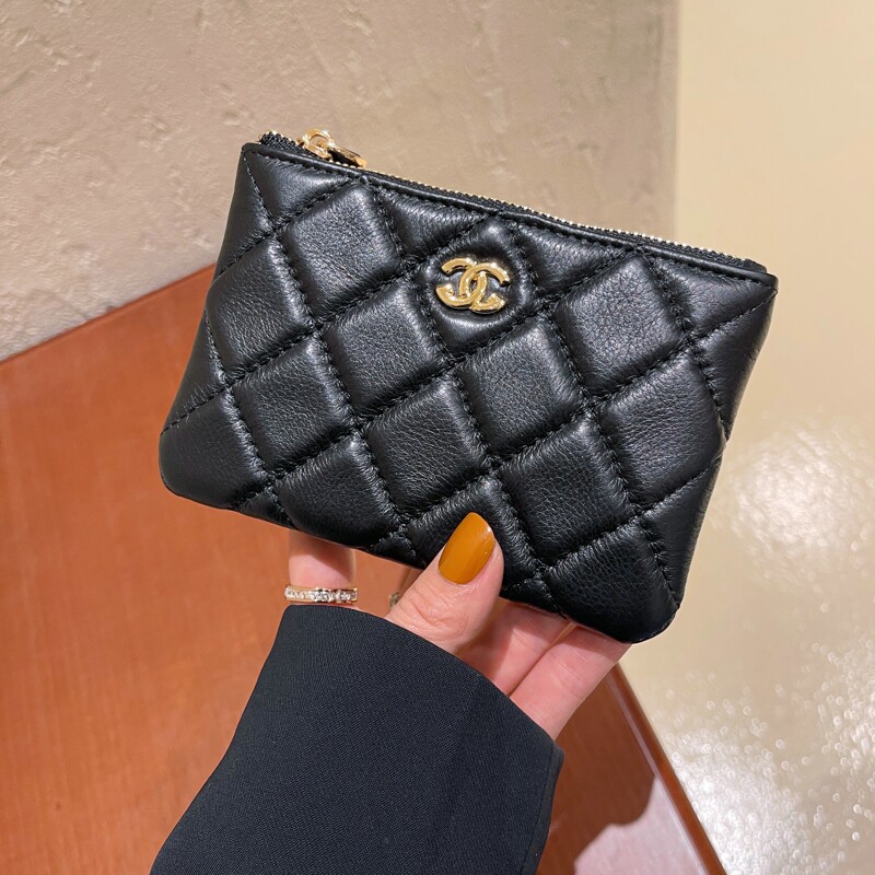 Top layer cowhide coin purse women's rhombus card case soft leather caviar zipper key case coin case short small wallet