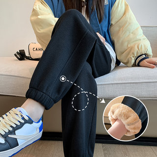 Fleece-Lined Women's Sweatpants 2026 New Autumn and Winter Thickened Faux Sherpa Joggers Waffle Casual Black Sweatpants