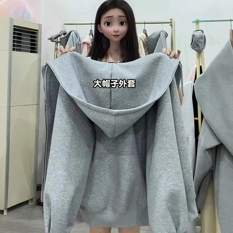 春と秋ジャケットレディース春と秋冬グレーフード付きセーター2025新作プラスベルベットカジュアルジッパーカーディガントップス