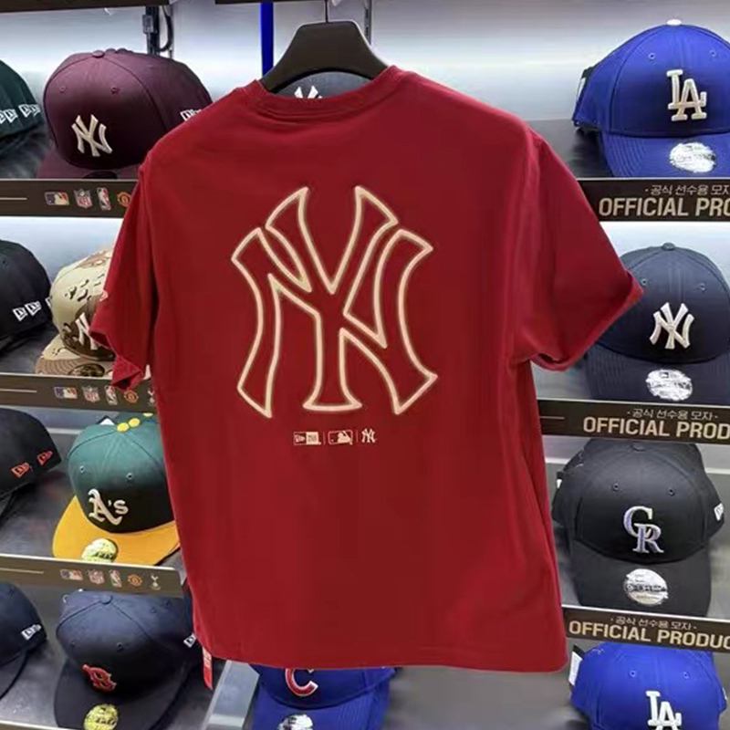 New Era Men's and Women's Summer Loose Red Short-Sleeved T-Shirt Ny Cut Out Neon Print 14536480