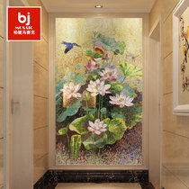 Lotus bird Chinese ice jade mosaic puzzle porch crossing restaurant background wall mirror custom oil painting cut painting