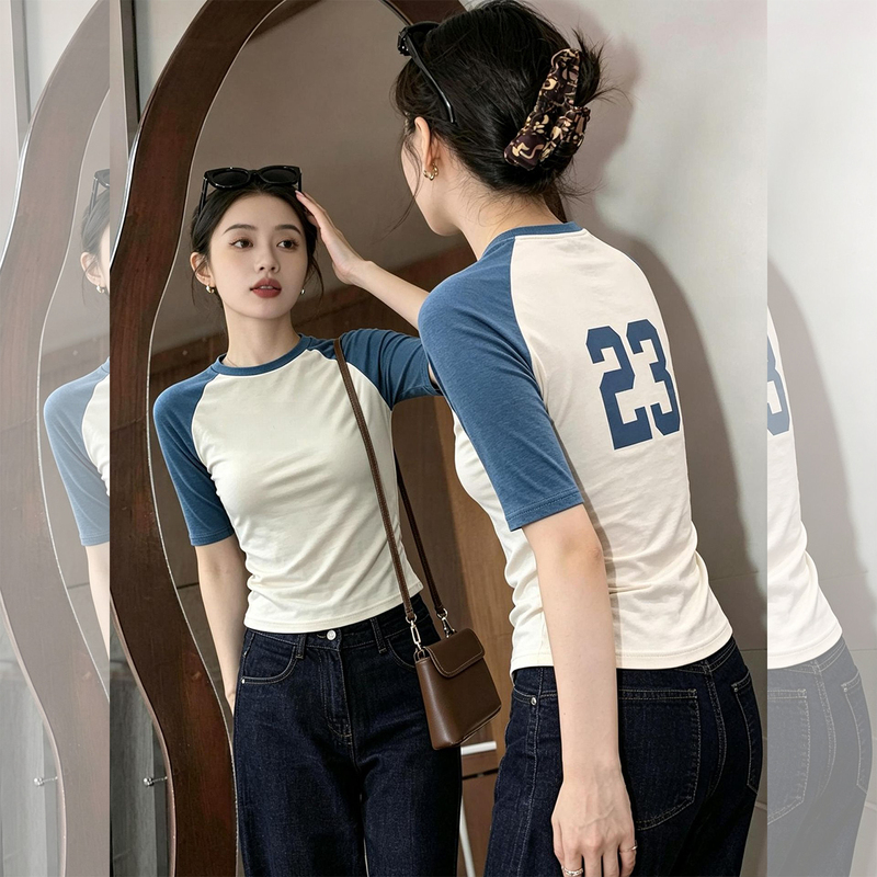 American Retro Color-Blocking Short-Sleeve T-Shirt for Women, Summer Unique and Beautiful Print, Slim-Fit Mid-Sleeve Top American Retro Color-Blocking Short-Sleeve T-Shirt for Women, Summer Unique and Beautiful Print, Slim-Fit Mid-Sleeve Top