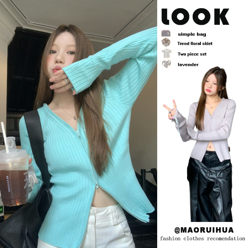Blue Zip-Up Sweater Cardigan for Women, Autumn and Winter 2025 New Slim-Fit Knit Base Layer Top, Early Spring and Autumn