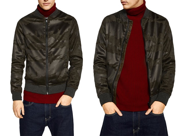Clearance Men's Faux Suede Slim-Fit Dark Brown Camouflage Bomber Jacket European Trend Ins Street Style