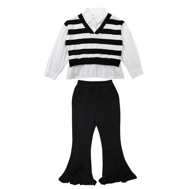 Girls' shirt collar splicing striped flared trousers suit 2023 spring and autumn new girl fashion casual two-piece suit