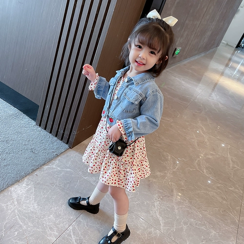 Джинсовая юбка для девочек, осенний комплект, платье, в цветочек, в корейском стиле, в западном стиле
