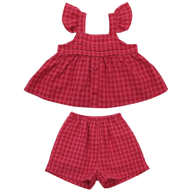 Summer sweet suspender plaid doll shirt sleeveless top loose and thin outerwear small flying sleeve short vest female tide
