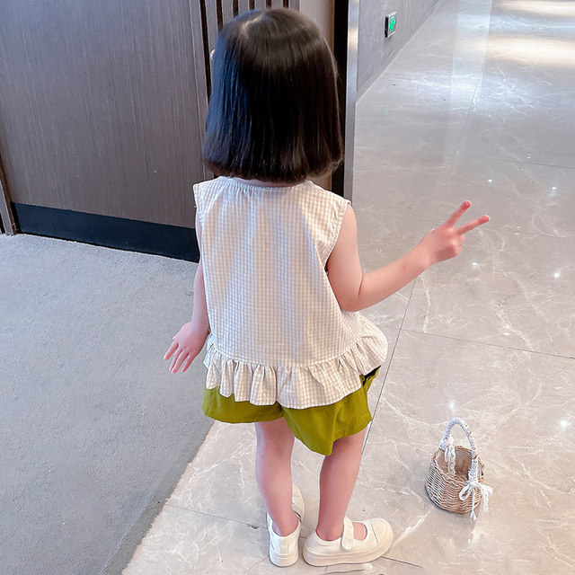 Girls summer dress sweet lace plaid suit 2022 new children's casual baby girl Korean version thin two-piece set